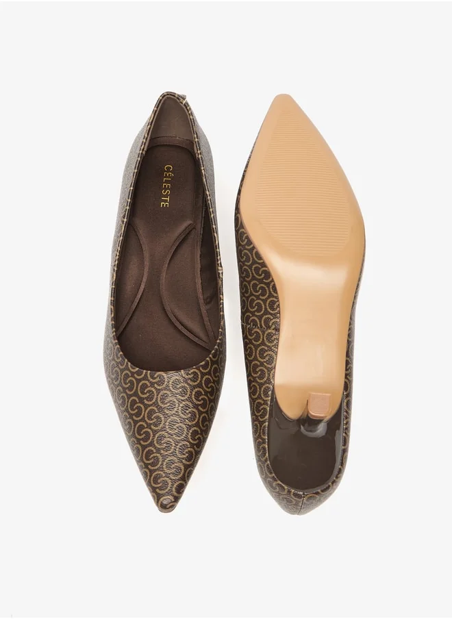 سيليست Women's All-Over Monogram Print Slip-On Pumps with Kitten Heels