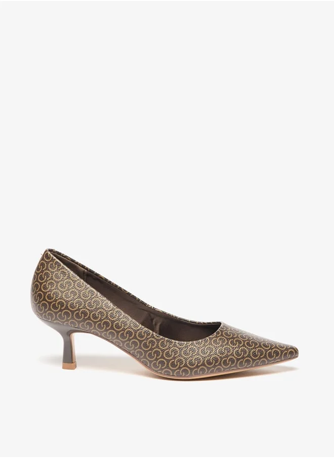 سيليست Women's All-Over Monogram Print Slip-On Pumps with Kitten Heels