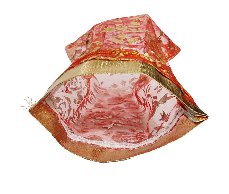Purpledip Polyester Net Brocade Gift Pouch, Red, 9 Inches: Pack of 10 Potli Gift Bags for Girls (12081) - Image 4