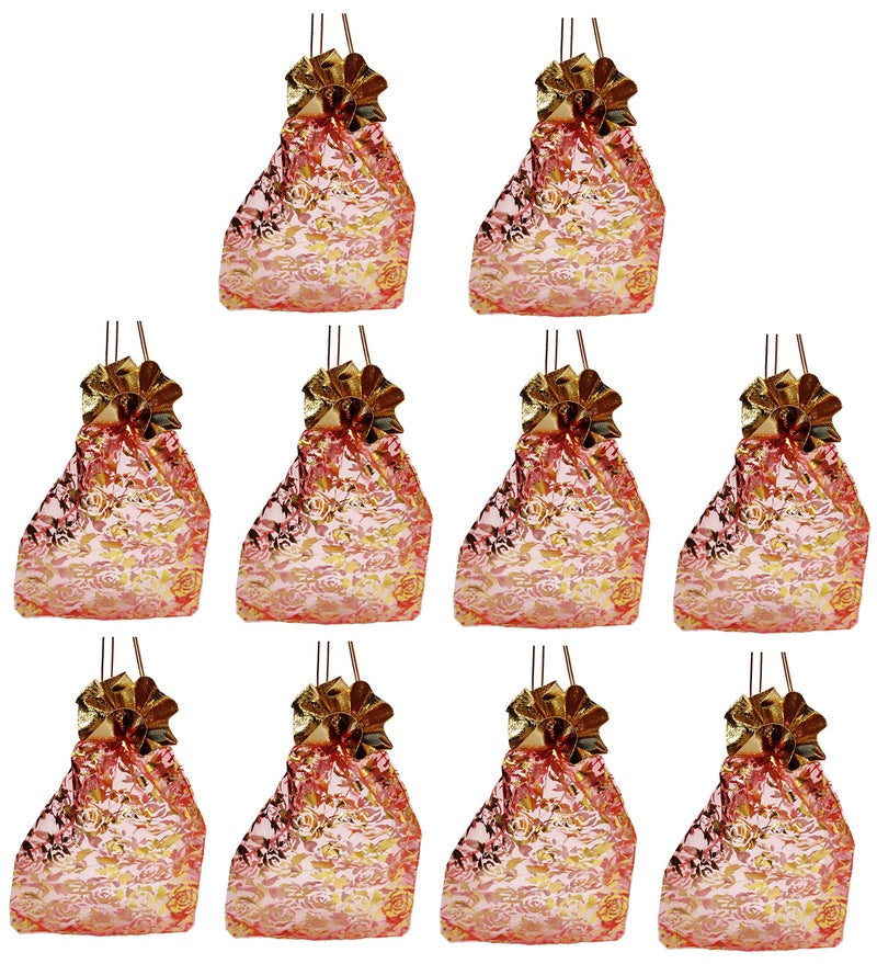 Purpledip Polyester Net Brocade Gift Pouch, Red, 9 Inches: Pack of 10 Potli Gift Bags for Girls (12081) - Image 1