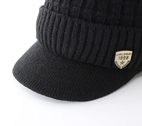 LLmoway Men Women Winter Knit Hat with Visor Warm Cuff Beanie Fleece Lined Snow Ski Skull Cap Black - Image 4