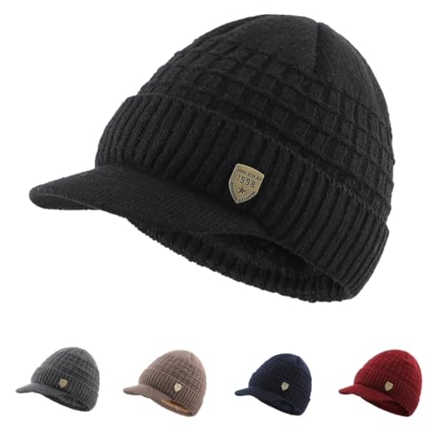 LLmoway Men Women Winter Knit Hat with Visor Warm Cuff Beanie Fleece Lined Snow Ski Skull Cap Black - Image 1