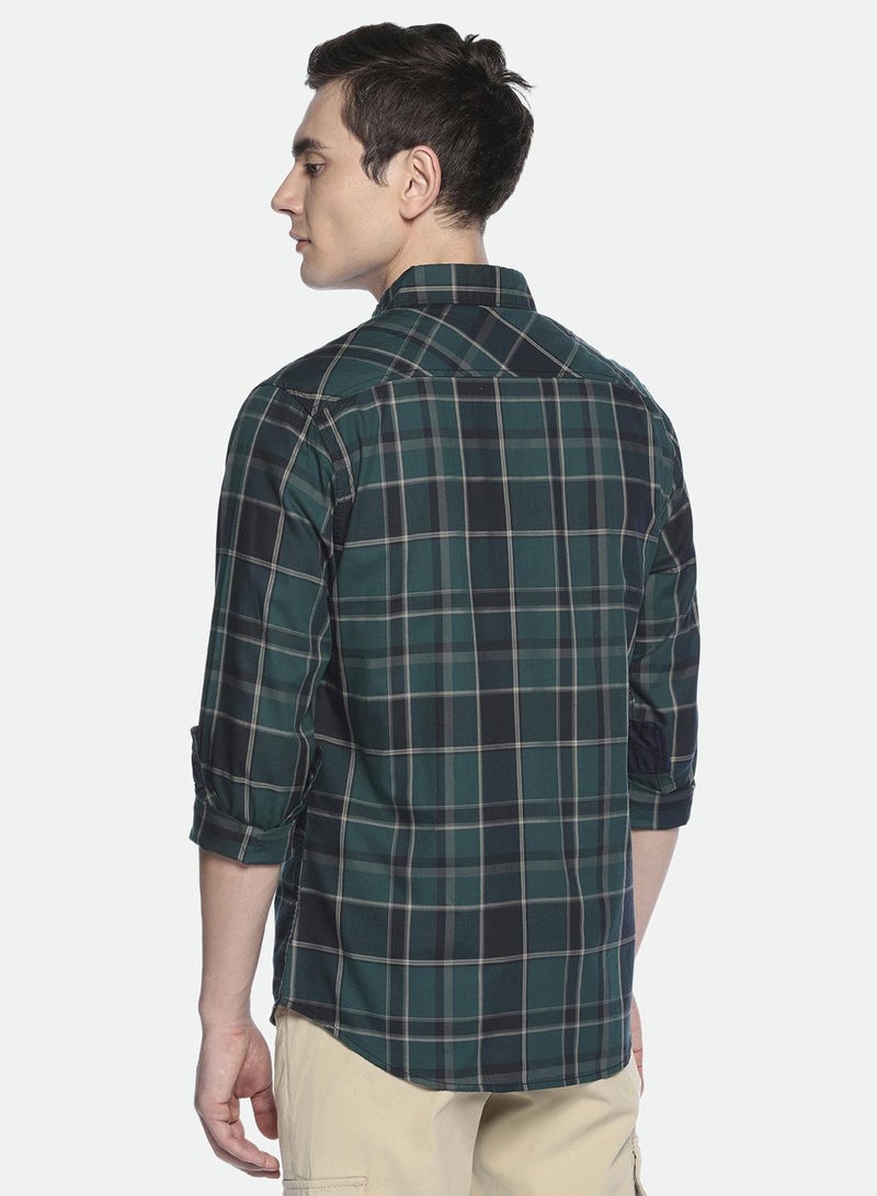 Dennis Lingo Green Slim Fit Checks Shirt for Men - Cotton, Full Sleeves, Spread Collar, Casual  - Image 2