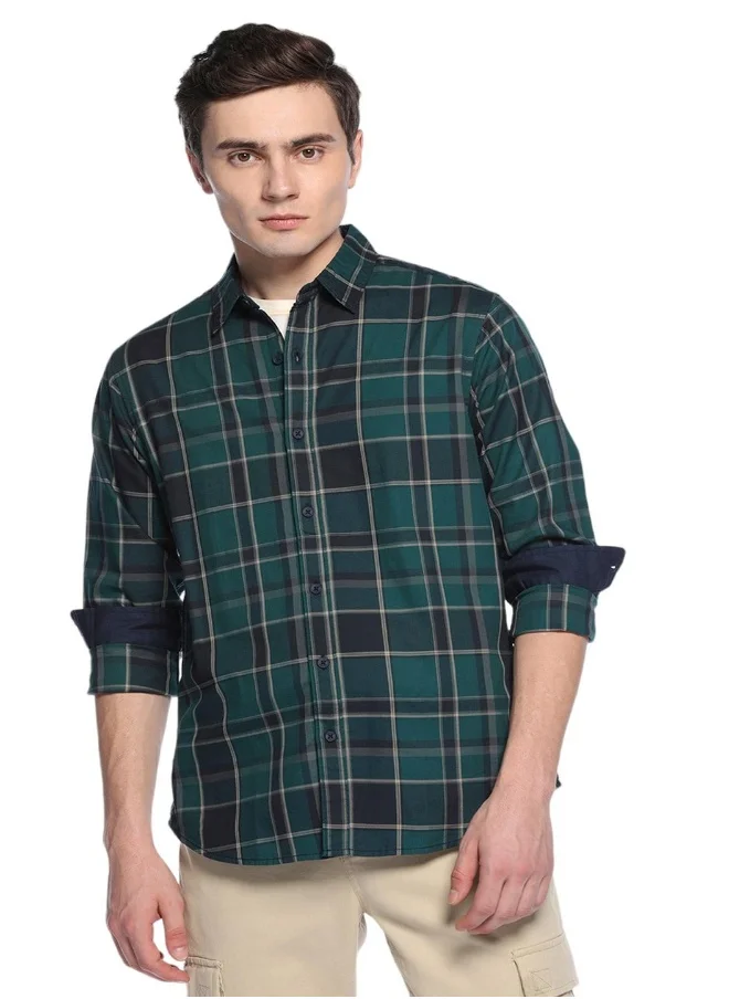 Dennis Lingo Green Slim Fit Checks Shirt for Men - Cotton, Full Sleeves, Spread Collar, Casual