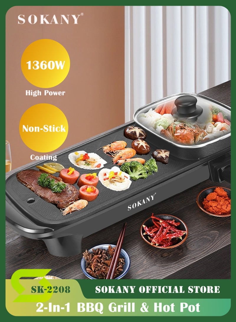 sokany Electric BBQ Grill Hot Pot, Electric BBQ Roasting Pans, Smokeless, Non Stick, Temperature Control Hotpot Grill with Oil Sprayer and Brush, Suitable for 2-6 People Gatherings, SK-2208(Black) - Image 1