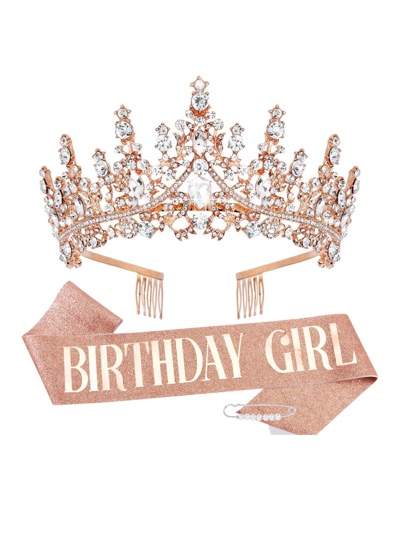 KASTWAVE Rose Gold Birthday Sash and Tiara Set for Women and Girls - Princess Crown and Sash Birthday Decorations, Perfect Gifts for Birthday Girl - Image 1