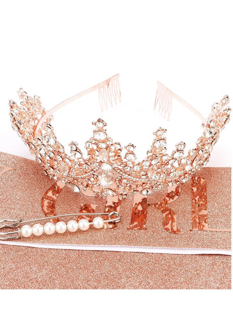 KASTWAVE Rose Gold Birthday Sash and Tiara Set for Women and Girls - Princess Crown and Sash Birthday Decorations, Perfect Gifts for Birthday Girl - Image 2