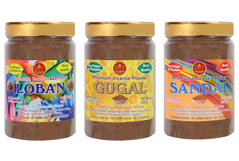 PRARTHANA Combo Pack of Gugal Loban and Sandal Powder 600gm Premium Dhoop Powder 3 Jar of 200gm Each Charcoal FreePollution Free Total 600gm Dhoop PowderDhoop batiAgarbatti - Image 1