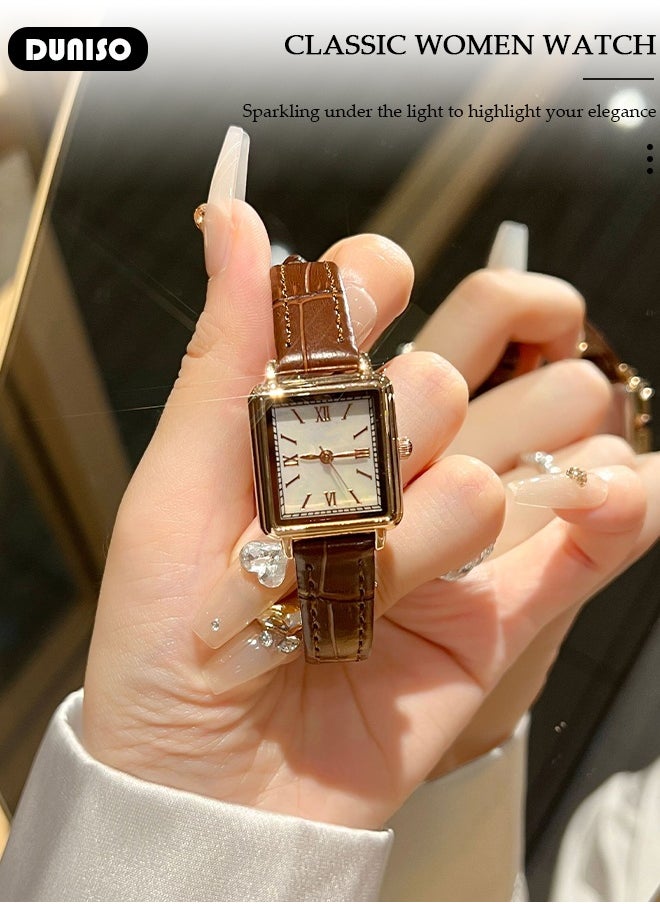 DUNISO Luxury Retro Women's Leather Strap Watch Simple Quartz Watch for Men and Women Casual Fashion Small Square Shape Wrist Watch with Leather Strap  - Image 4