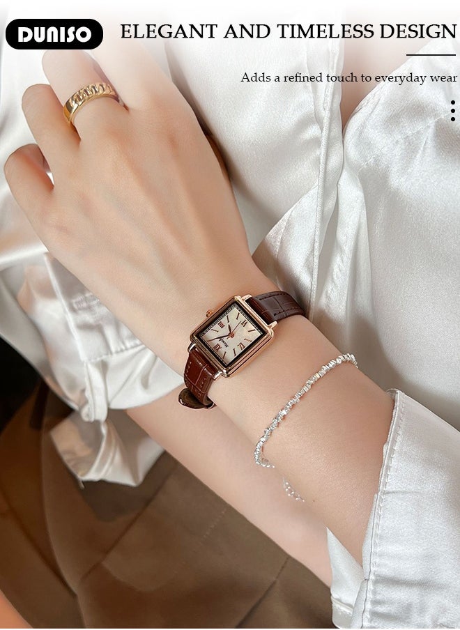 DUNISO Luxury Retro Women's Leather Strap Watch Simple Quartz Watch for Men and Women Casual Fashion Small Square Shape Wrist Watch with Leather Strap  - Image 3