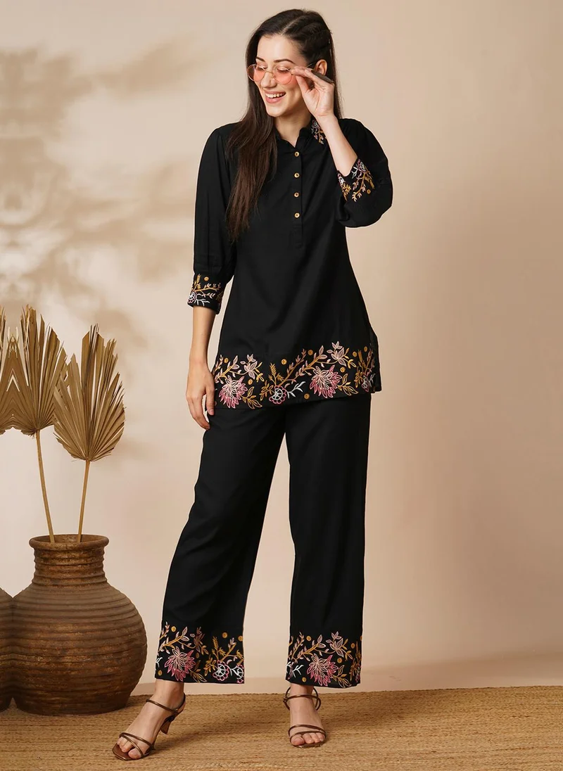 Globus Globus Women's Black Ethnic Co Ord Set with Embroidered Detail Shirt and Pants
