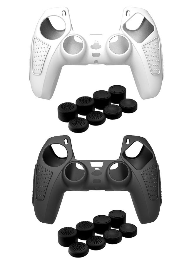 2 Pcs PS5 Controller Skin, Anti-Slip Soft Silicone Protective Cover Case for PlayStation 5 Controller Grip Accessories with 16 Raised Thumb Grip Caps (Black+White)