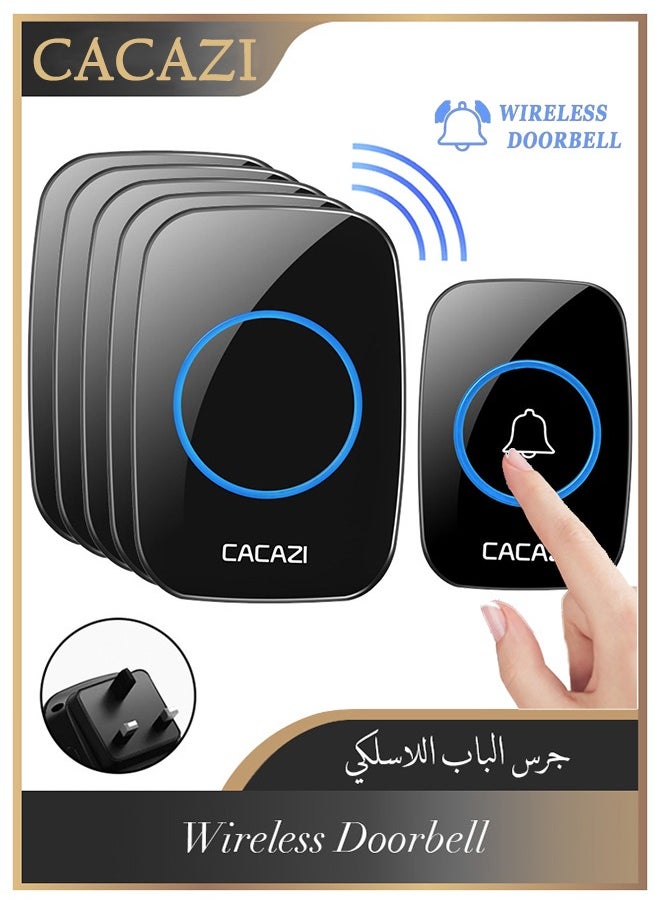 CACAZI Waterproof Wireless Doorbell with UK Plug, LED Flash, Over 1000 Feet Range, 60 Sounds and 5 Levels of Volume, Cordless Doorbell for Home, Office, Apartment, Hotel, Warehouse and Anti-Theft, Black  - Image 1