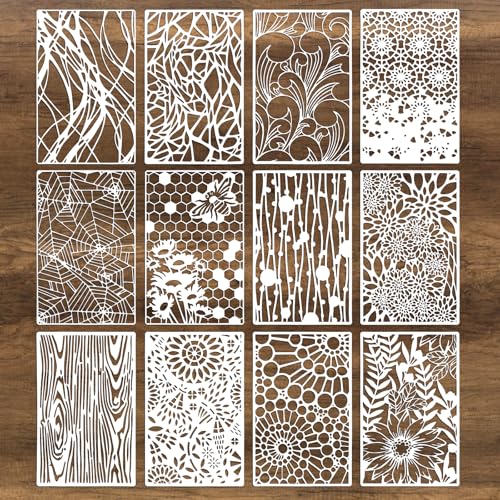 LLOUSSAK 12Pcs Mixed Stencils for Painting, Art Stencils for Crafts Reusable, Wood Grains Flower Texture Templates Spider Web Layering Spray Paint Stencils Kit on Wall Canvas Cake Card DIY (11×7'') - Image 1