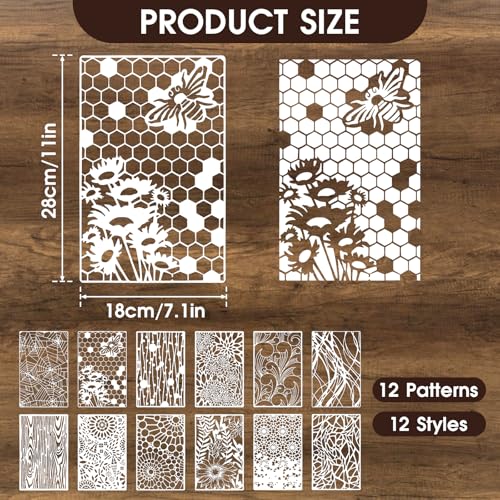 LLOUSSAK 12Pcs Mixed Stencils for Painting, Art Stencils for Crafts Reusable, Wood Grains Flower Texture Templates Spider Web Layering Spray Paint Stencils Kit on Wall Canvas Cake Card DIY (11×7'') - Image 2