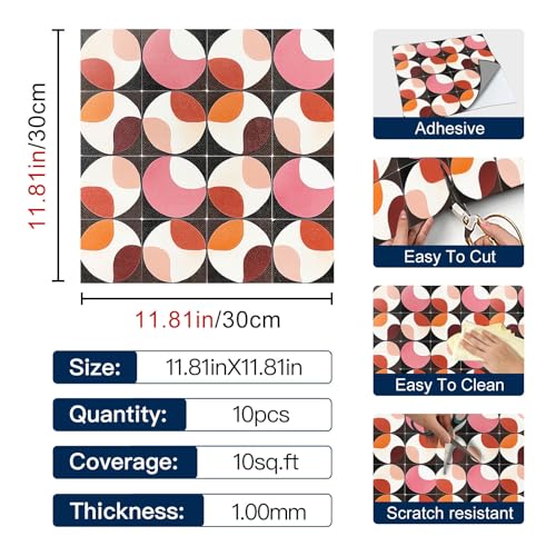 IVN 10PCS 12x12 Inch Peel and Stick Retro Colorful Circle Tiles Removable Self Adhesive PVC Vinyl Flooring Stickers Holographic Backsplash Tile for Bathroom Kitchen Decor - Image 4
