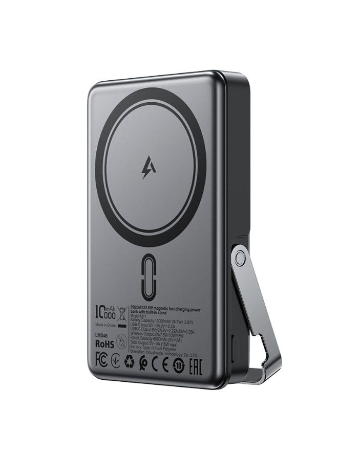 أسيفاست باور بانك 10000 مللي أمبير/ساعة، شحن سريع لاسلكي مغناطيسي PD22.5 وات، حامل قابل للطي، منفذ USB-C واحد، حماية أمان متعددة (M17) - أسود - Image 1