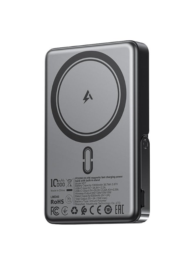 أسيفاست باور بانك 10000 مللي أمبير/ساعة، شحن سريع لاسلكي مغناطيسي PD22.5 وات، حامل قابل للطي، منفذ USB-C واحد، حماية أمان متعددة (M17) - أسود - Image 4