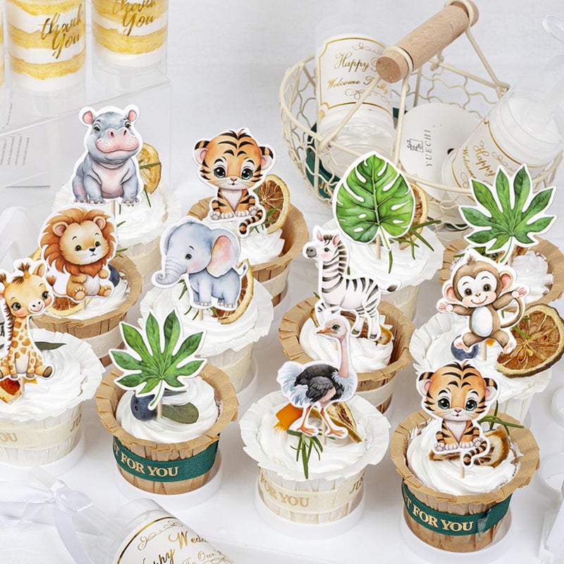 Rsstarxi 40 Pack Safari Animals Cupcake Toppers Jungle Animals Baby Shower Party Decorations Green Leaf Woodland Animal Cupcake Picks for Boys Girls Birthday Wild Party Cake Decorations - Image 3