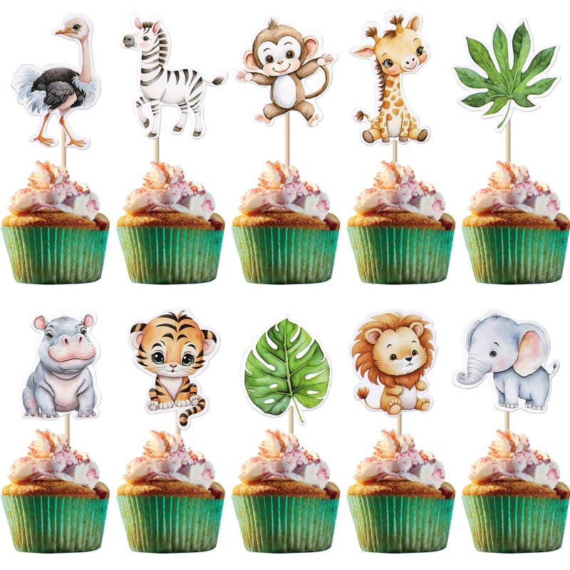 Rsstarxi 40 Pack Safari Animals Cupcake Toppers Jungle Animals Baby Shower Party Decorations Green Leaf Woodland Animal Cupcake Picks for Boys Girls Birthday Wild Party Cake Decorations - Image 1
