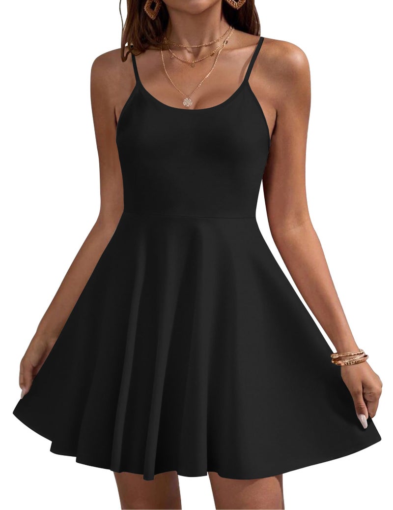 HOTOUCH Women Summer Spaghetti Strap O Neck Sleeveless Causal Beach Cover Up Dress Sundress, Black L - Image 1