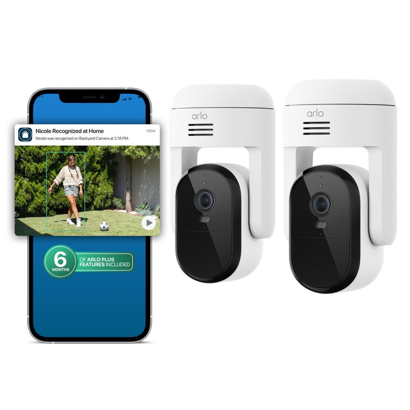 Arlo Essential Pan Tilt Security Camera 2K + 6 Months of Secure Plus Plan - Wired Plug-in Power Outdoor Camera, Person Recognition, Package Detection, Animated Preview, Auto Motion Tracking, 2 Cam - Image 1