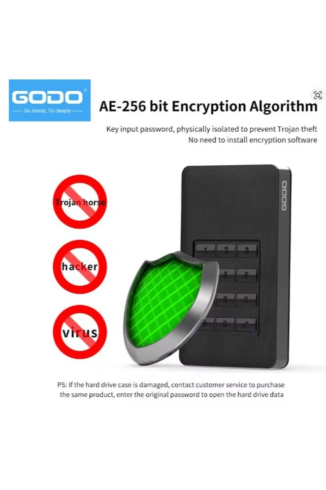 GODO Hardware Encryption 2.5" SATA Hard Disk Enclosure – USB 3.0, Full Disk Encryption, Tool-Free Installation, Password Protection, Mobile HDD Case - Image 3