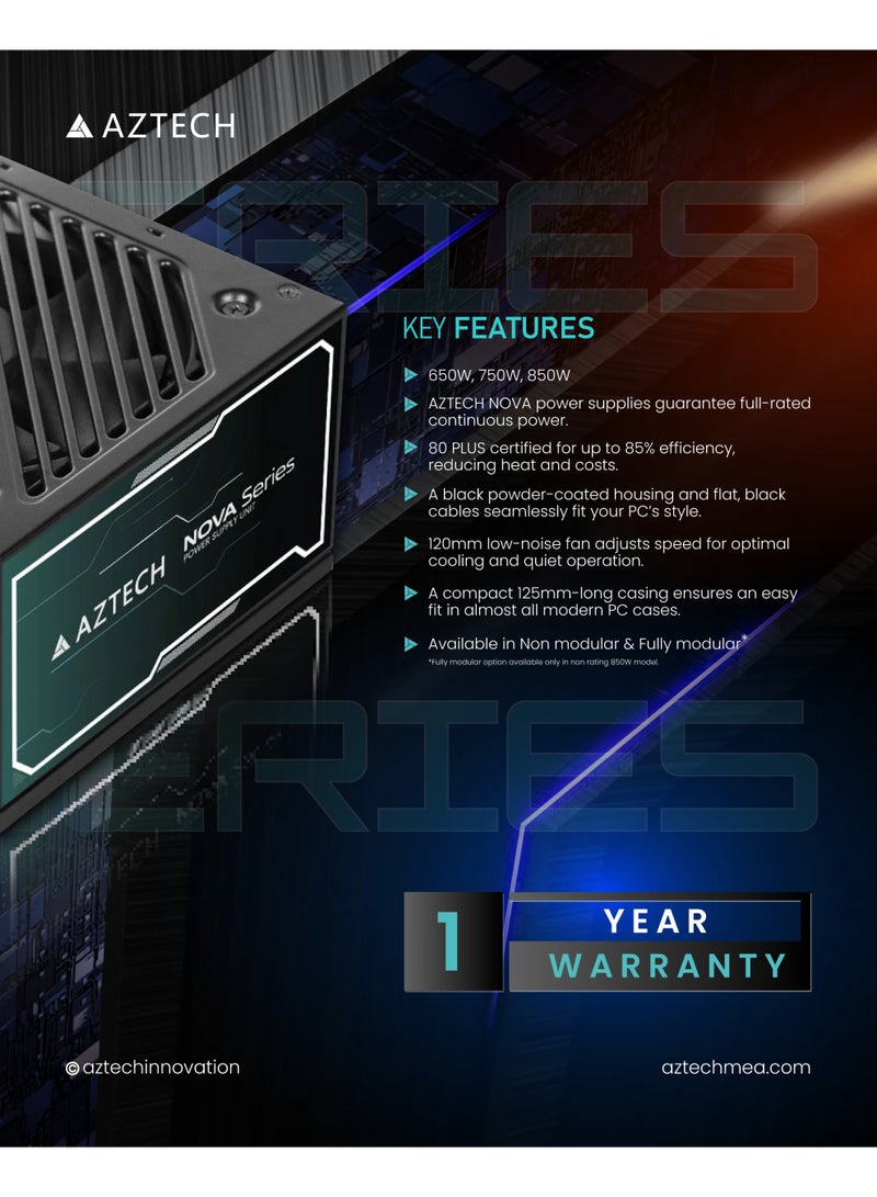 Aztech NOVA 650W Power Supply ATX PSU for Gaming PC +12V 52.5A High Output Silent 120mm Fan | Full Protection Non-Modular Long Cables Supports RTX 3060/3070, Ryzen, Intel Builds - Image 2