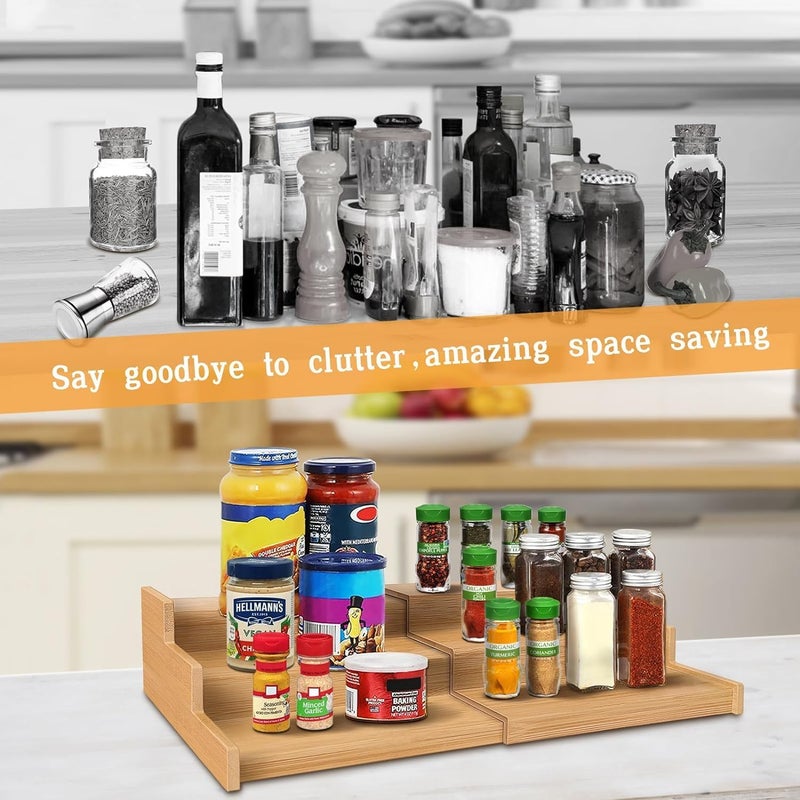 Exrp Spice Rack Kitchen Cabinet Organizer- 3 Tier Bamboo Expandable Display Shelf - Image 3