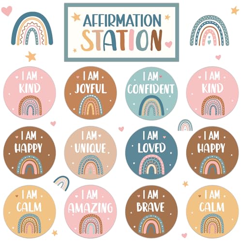Naozinebi BOHO Affirmation Station Bulletin Board Set Rainbow Positive Bulletin Board for Classroom Mirror Growth Mindset Decoration Inspirational Motivational Accent Cutouts for Home School Teacher Wall Supply - Image 1