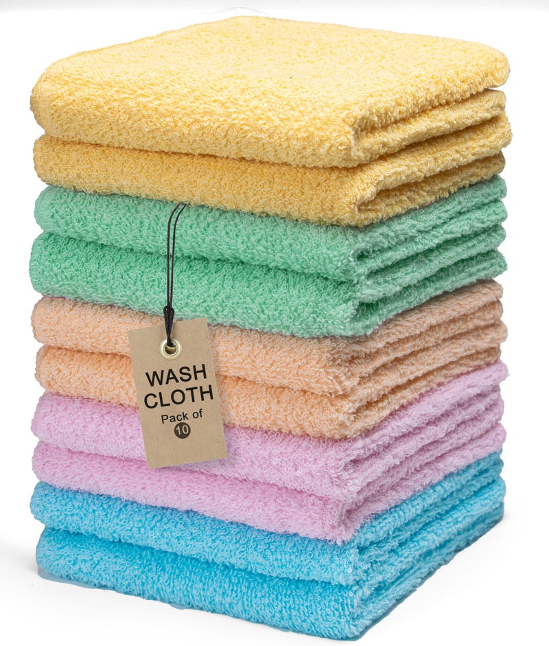 Textila Terry Washcloths  12x12 Inches  Pack of 10  Multicolor  Highly Absorbent Soft Feel and Multipurpose Cotton Wash Cloths for Everyday Use