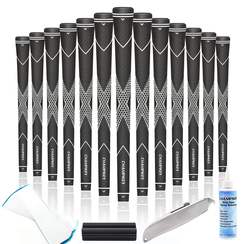 CHAMPKEY Premium Rubber Golf Grips 13 Pack High Traction and Feedback Rubber Golf Club Grips Choose Between 13 Grips with 15 Tapse and 13 Grips with All Kits