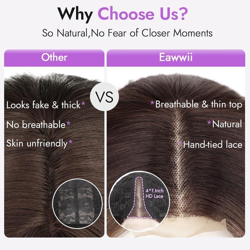Eawwii باروكة قصيرة متموجة بني مع خصلات مميزة للنساء بتصميم بوب مع خط شعر من الدانتيل - مظهر طبيعي لتسريحة يومية بطول 12 إنش - Image 2