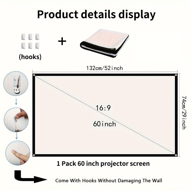 شاشة عرض محمولة مقاس 60 إنش بدقة 4K، شاشة عالية الوضوح قابلة للطي، خفيفة الوزن، فائقة الوضوح للاستخدام في الأنشطة الخارجية والاجتماعات والحفلات. - Image 3
