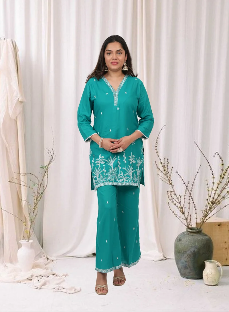 Lehar Teal Embroidered Cotton Kurta Set