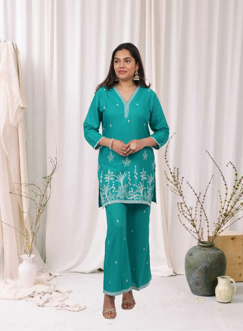 Lehar Teal Embroidered Cotton Kurta Set