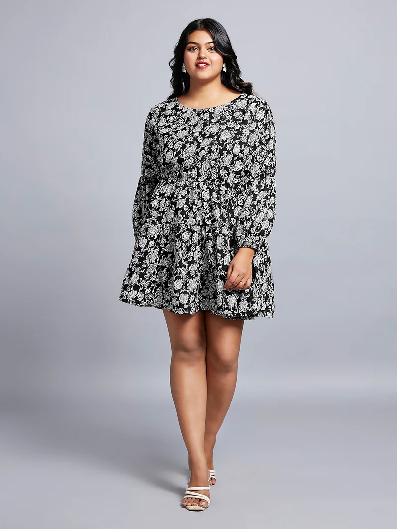 globus Gloplus Women Floral Printed Bishop Sleeves Fit & Flare Tiered Mini Plus Size Dress