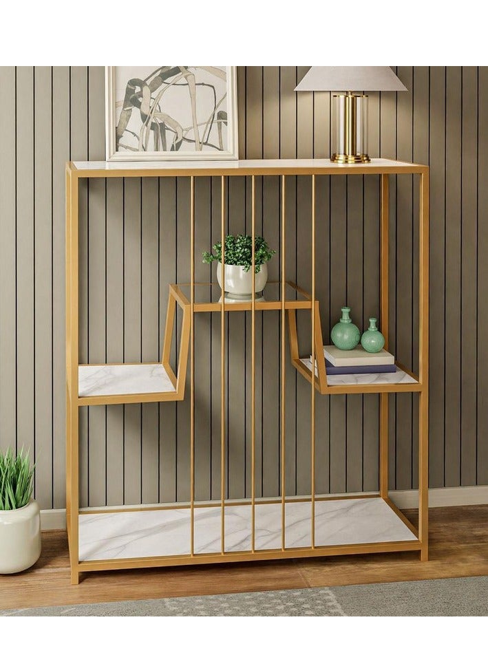 فن بيتك مدخل ذهبي لامع بخمس أدوار مع سطح بورسلان أبيض‍، أنيق وعصري يوفر مساحة تخزين مثالية مع تصميم جذاب. أبعاده (طول 110 سم، ارتفاع 100 سم، عرض 30 سم) تجعله مناسبًا لأي مساحة. سطح البورسلان الأبيض يسهل تنظيفه ويضيف لمسة من الفخامة، مما يجعله خيارًا مثاليًا لتحسين الديكور في المنازل أو المكاتب - Image 2