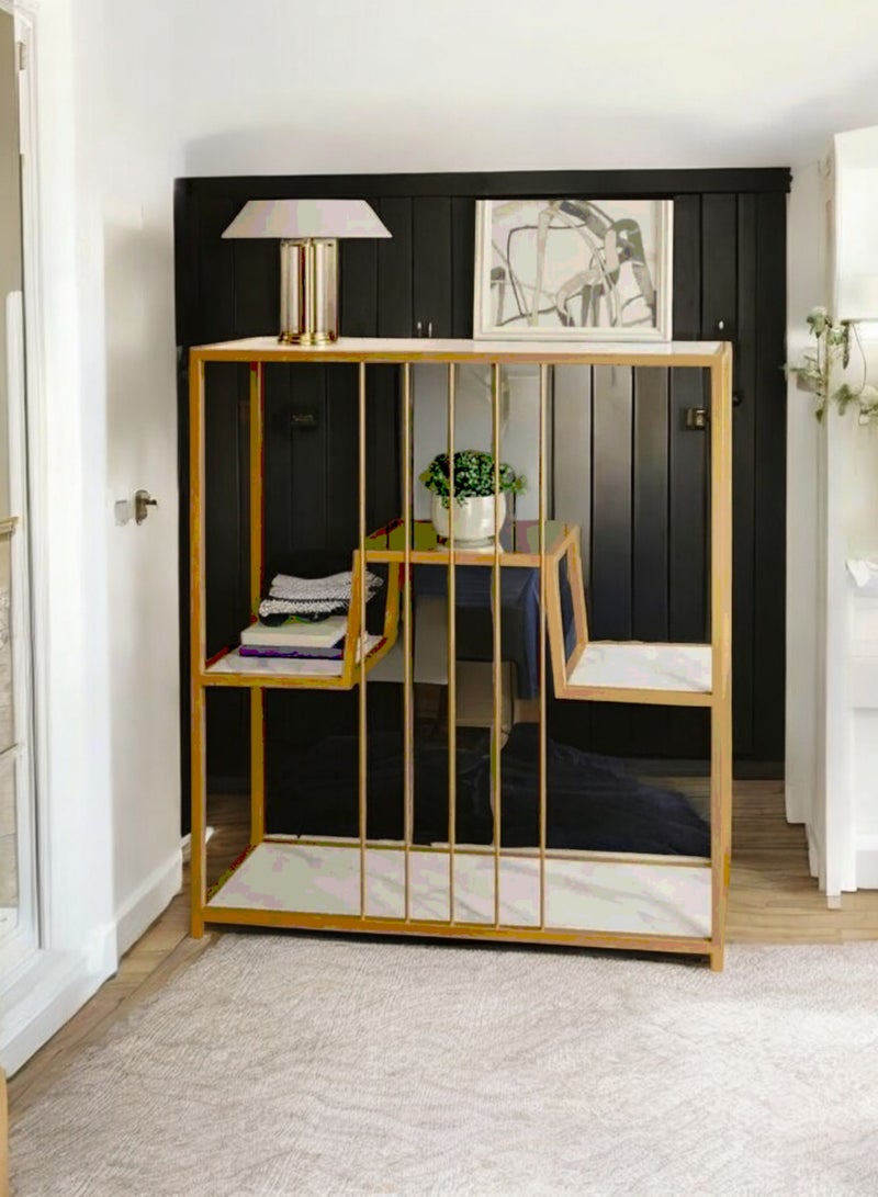 فن بيتك مدخل ذهبي لامع بخمس أدوار مع سطح بورسلان أبيض‍، أنيق وعصري يوفر مساحة تخزين مثالية مع تصميم جذاب. أبعاده (طول 110 سم، ارتفاع 100 سم، عرض 30 سم) تجعله مناسبًا لأي مساحة. سطح البورسلان الأبيض يسهل تنظيفه ويضيف لمسة من الفخامة، مما يجعله خيارًا مثاليًا لتحسين الديكور في المنازل أو المكاتب - Image 1