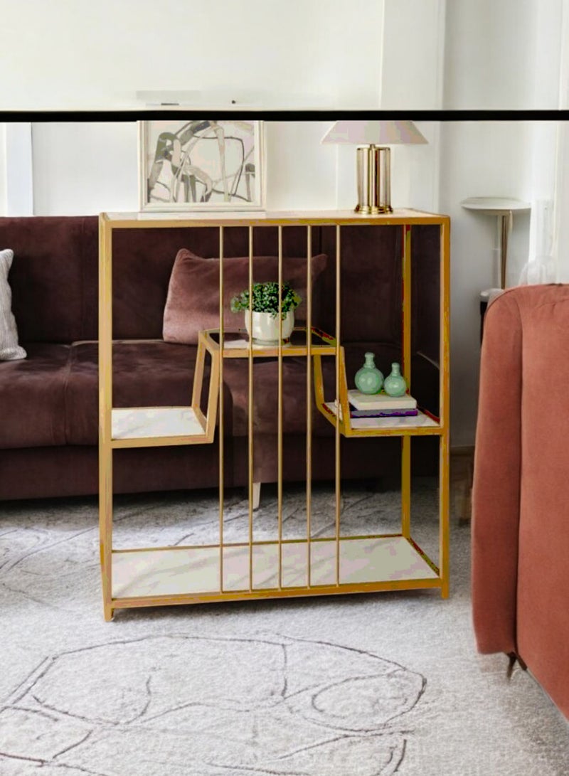 فن بيتك مدخل ذهبي لامع بخمس أدوار مع سطح بورسلان أبيض‍، أنيق وعصري يوفر مساحة تخزين مثالية مع تصميم جذاب. أبعاده (طول 110 سم، ارتفاع 100 سم، عرض 30 سم) تجعله مناسبًا لأي مساحة. سطح البورسلان الأبيض يسهل تنظيفه ويضيف لمسة من الفخامة، مما يجعله خيارًا مثاليًا لتحسين الديكور في المنازل أو المكاتب - Image 3