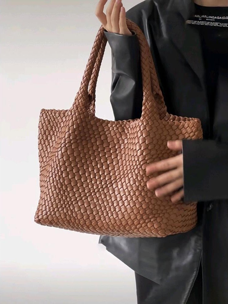 South Korea Niche High-End Genuine Leather Handmade Woven Bag Large Bag Women'S Large Capacity Tote Bag Portable Shoulder Underarm Bag - Image 3