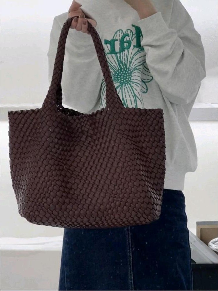 South Korea Niche High-End Genuine Leather Handmade Woven Bag Large Bag Women'S Large Capacity Tote Bag Portable Shoulder Underarm Bag - Image 2