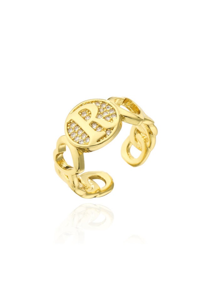 New Light Luxury Copper Inlaid Zircon 18k Real Gold Heart Smooth Letter Adjustable Ring Versatile Personality Ring