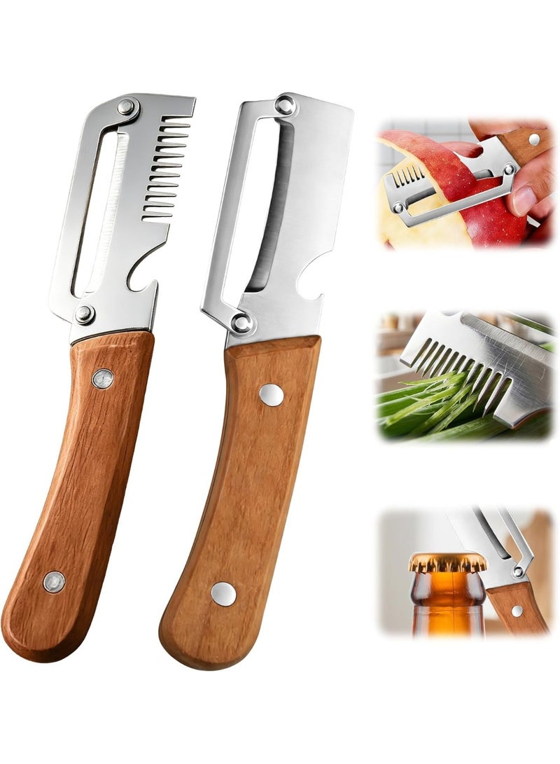 YSR VEF 2PCS Multifunctional Vegetable Peeler, Stainless Steel Kitchen Peeler with Wooden Handle and Bottle Opener, Fruit Vegetable Peeling Tool, Portable Peeling Tool for Potato Carrot Fruits - Image 1