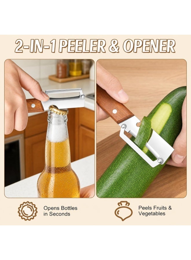 YSR VEF 2PCS Multifunctional Vegetable Peeler, Stainless Steel Kitchen Peeler with Wooden Handle and Bottle Opener, Fruit Vegetable Peeling Tool, Portable Peeling Tool for Potato Carrot Fruits - Image 2