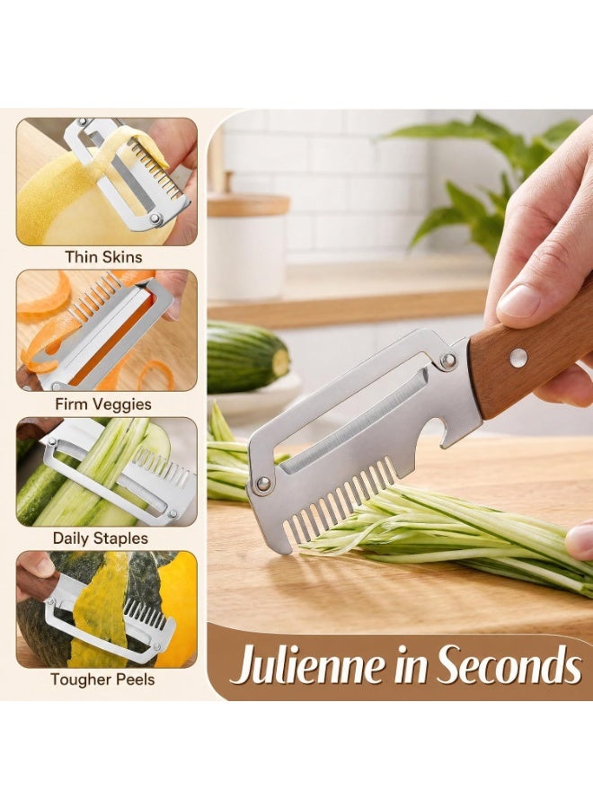 YSR VEF 2PCS Multifunctional Vegetable Peeler, Stainless Steel Kitchen Peeler with Wooden Handle and Bottle Opener, Fruit Vegetable Peeling Tool, Portable Peeling Tool for Potato Carrot Fruits - Image 3
