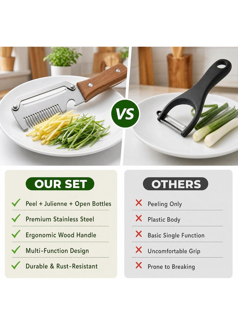 YSR VEF 2PCS Multifunctional Vegetable Peeler, Stainless Steel Kitchen Peeler with Wooden Handle and Bottle Opener, Fruit Vegetable Peeling Tool, Portable Peeling Tool for Potato Carrot Fruits - Image 5