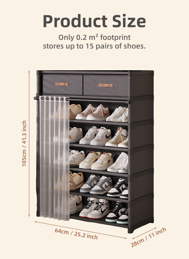 7-Tier Shoe Rack Shoe Cabinet with Drawers, Entryway Vertical Shoe Storage Organizer with Dustproof Curtain, Multi-Layer Freestanding Shoe Cabinet for Entryway, Hallway, Apartment & Small Spaces - Image 5