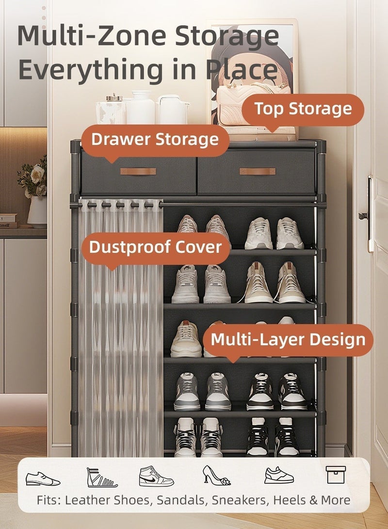 7-Tier Shoe Rack Shoe Cabinet with Drawers, Entryway Vertical Shoe Storage Organizer with Dustproof Curtain, Multi-Layer Freestanding Shoe Cabinet for Entryway, Hallway, Apartment & Small Spaces - Image 2