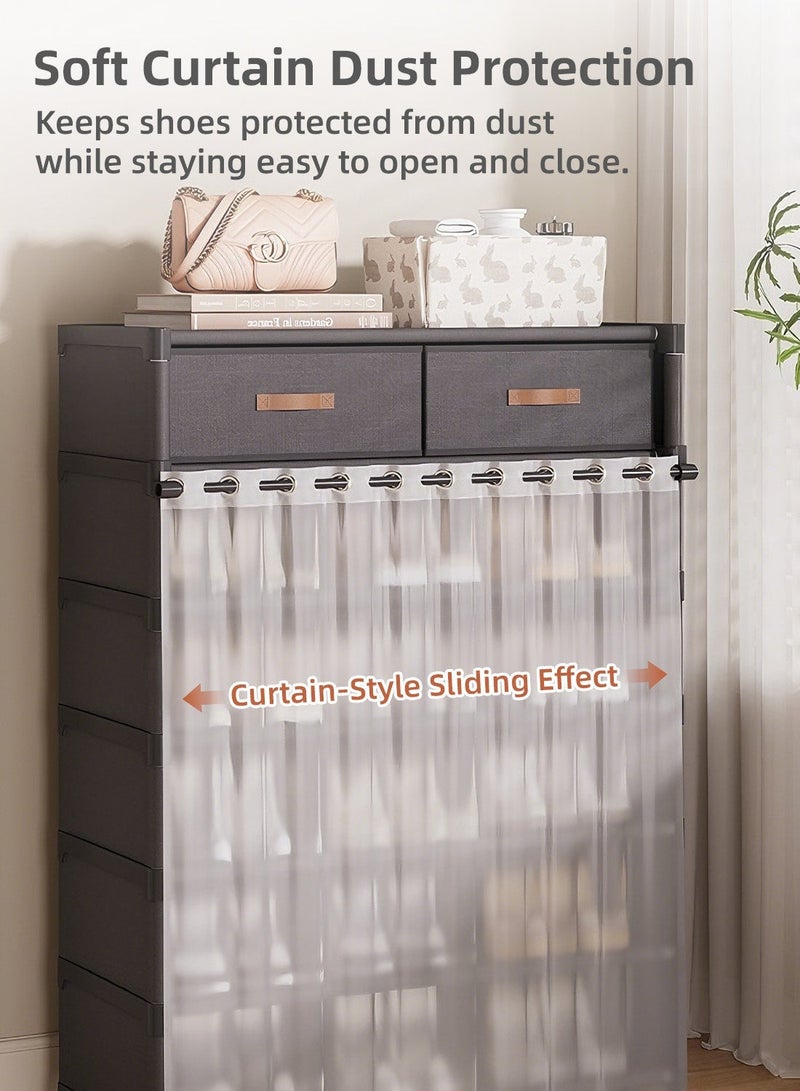7-Tier Shoe Rack Shoe Cabinet with Drawers, Entryway Vertical Shoe Storage Organizer with Dustproof Curtain, Multi-Layer Freestanding Shoe Cabinet for Entryway, Hallway, Apartment & Small Spaces - Image 3